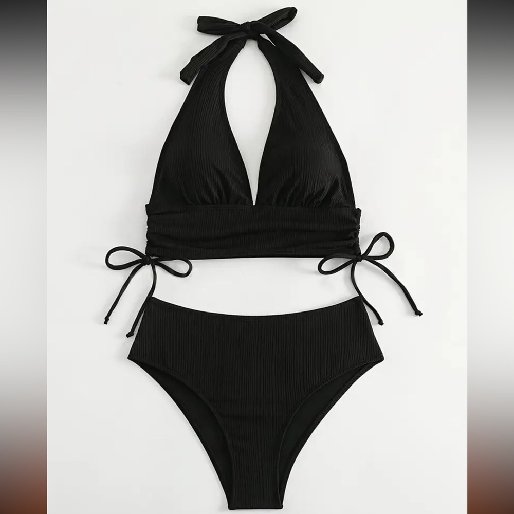 Black Textured Halter High Waisted Bikini Set - Picture 3 of 7
